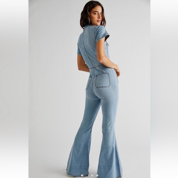 Free People Hearts Beat Stretch Denim Jumpsuit Coverall Sunbath Blue Size S NWT - Picture 2 of 13